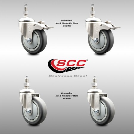 Service Caster 4 Inch 316SS Thermoplastic Rubber 3/8 Inch Threaded Stem Caster Lock Brake, 2PK SS316TSTTL20S414-TPRB-381615-2-S2